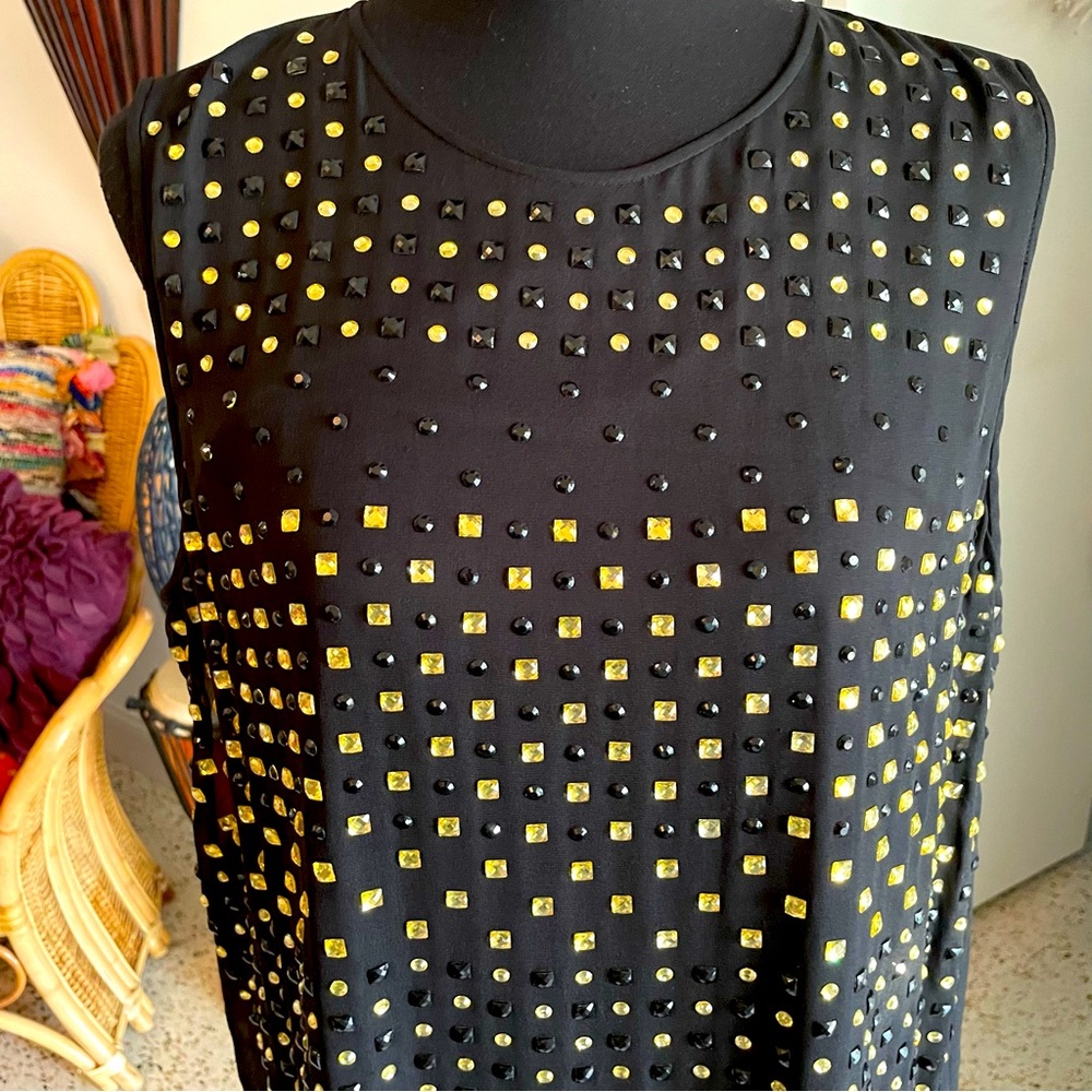 Diane Von Furstenberg Black Sleeveless Rhinestone Bead Embellished Silk Top. Lg